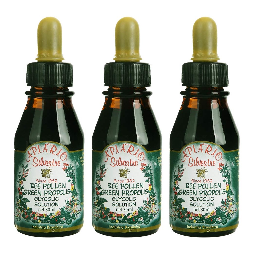 3 Bottle Pack - Apiario Silvestre Brazilian Bee Pollen and Green Propolis, Glycolic Solution, 30ml, Alcohol-Free, Since 1982