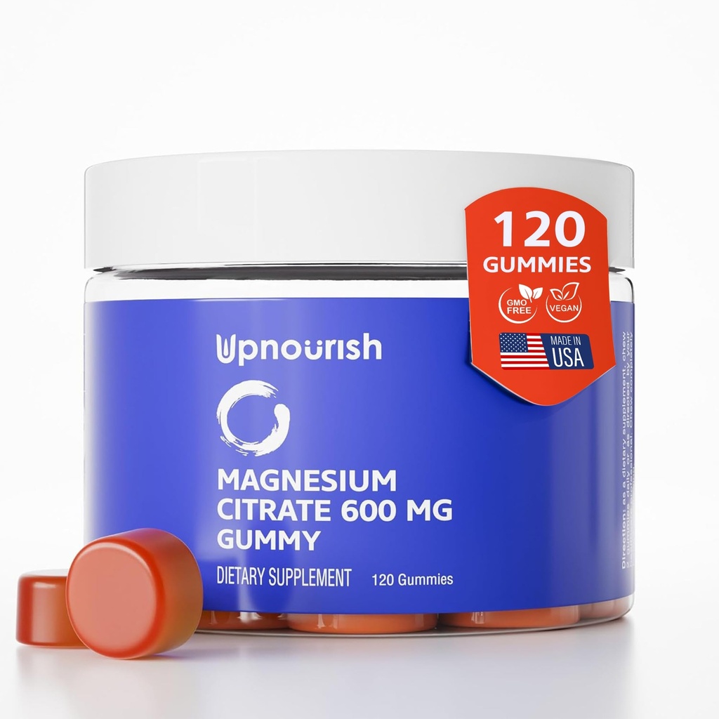 UpNourish Magnesium Gummi für Erwachsene & Kinder Magnesium Citrate Gummi 600mg, Kalm Supplement für Muskelentspannung, Knochen und Verdauungsgesundheit, Citrato de Magnesio, Vegan, Non-GMO, 120 Count