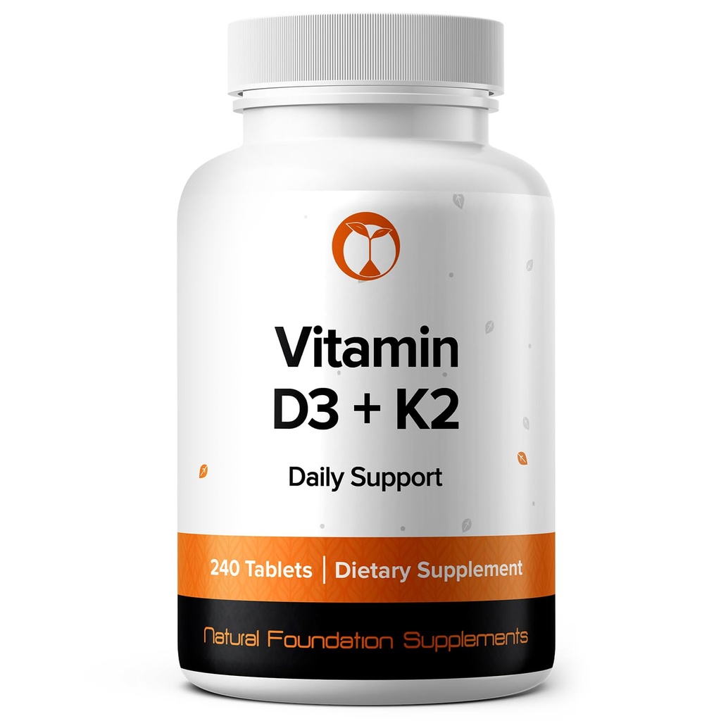 Natural Foundation Supplements Vitamin D3+K2 | D3 4000IU + K2 100mcg MK7 | 240 Vegetarian Tablets D3 K2 Supplement Non-GMO (240, Vitamin D3 + K2)