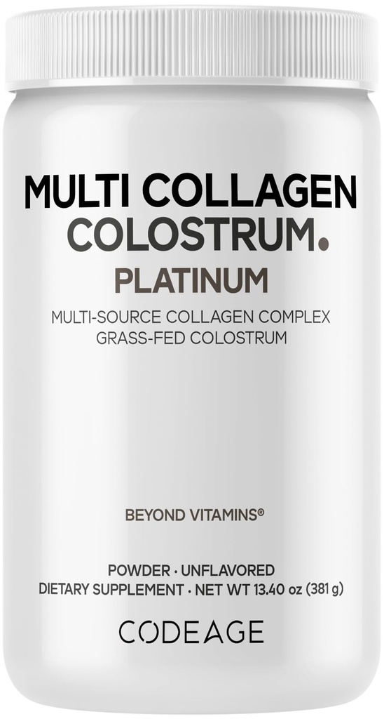 Codeage Multi Collagen Colostrum Powder Platinum - Hydrolyzed Grass-Fed Bovine Collagen Peptides, Grass-Fed Bovine Colostrum Supplement, Vitamin C, Biotin, Hyaluronic Acid, Lactoferrin - 13.4 Oz.