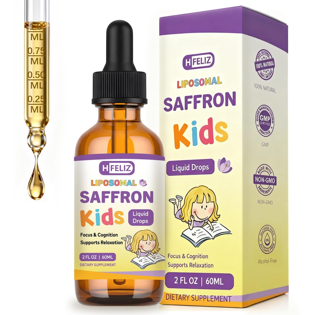 Liposomal Saffron Liquid Drops for Kids, Saffron Extract Supplements with L-Theanine & Chamomile for Focus, Relaxation & Antioxidant Support, Alcohol-Free, Natural Flavor, 2 Fl OZ
