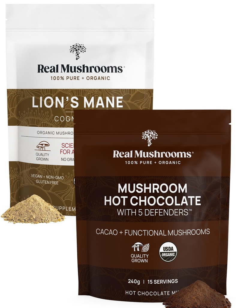Echte Pilze Heiße Schokoladenmischung (15 Portionen) und Lion’s Mane (60 Servierungen) Pulver Bundle - Pilzpulver-Ergänzung für tägliche Immunität und Kognition Unterstützung - Glutenfrei, Non-GMO, Vegan