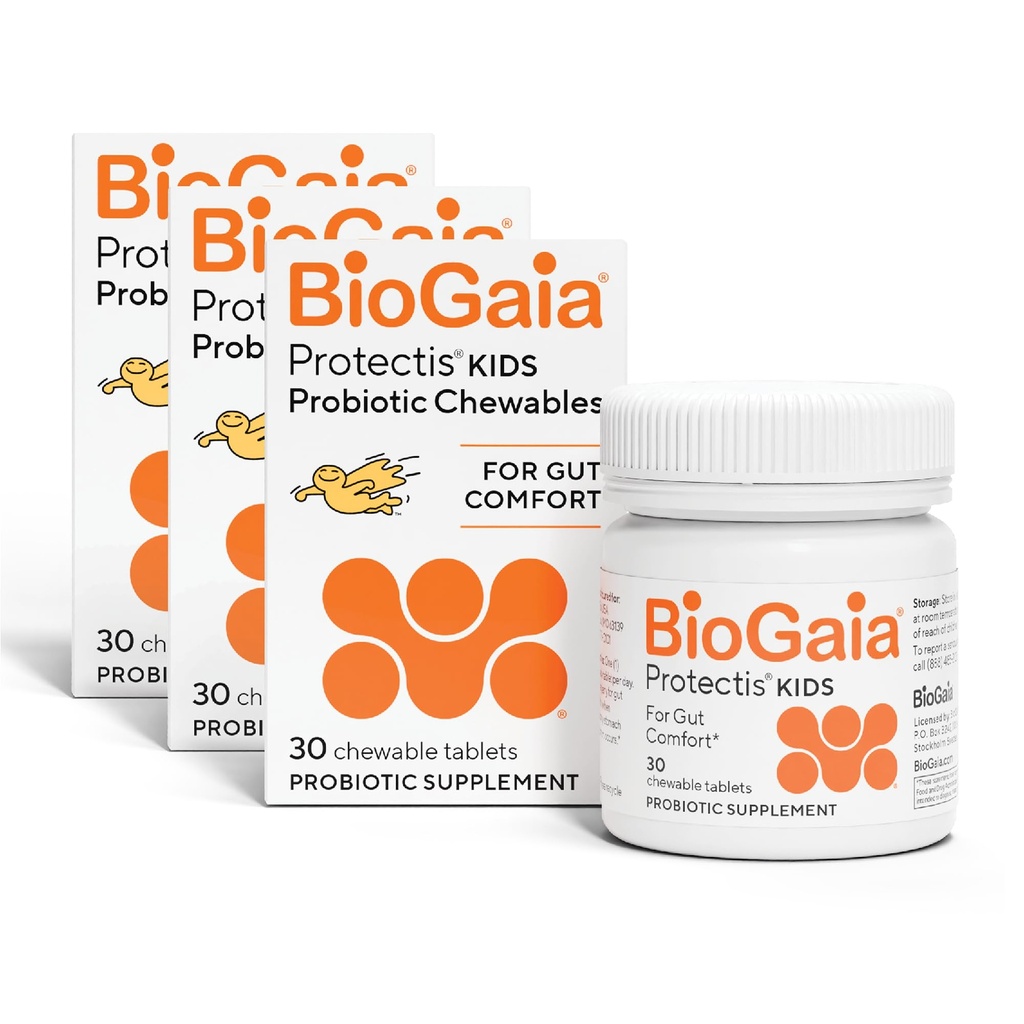 BioGaia Kids Probiotic Chewables | Promote Regularity | Ease Occasional Tummy Troubles | Ages 3+ | Allergen, Dairy, Soy & Gluten Free | Backed by 30 Years of Probiotic Research | 90 Day Supply
