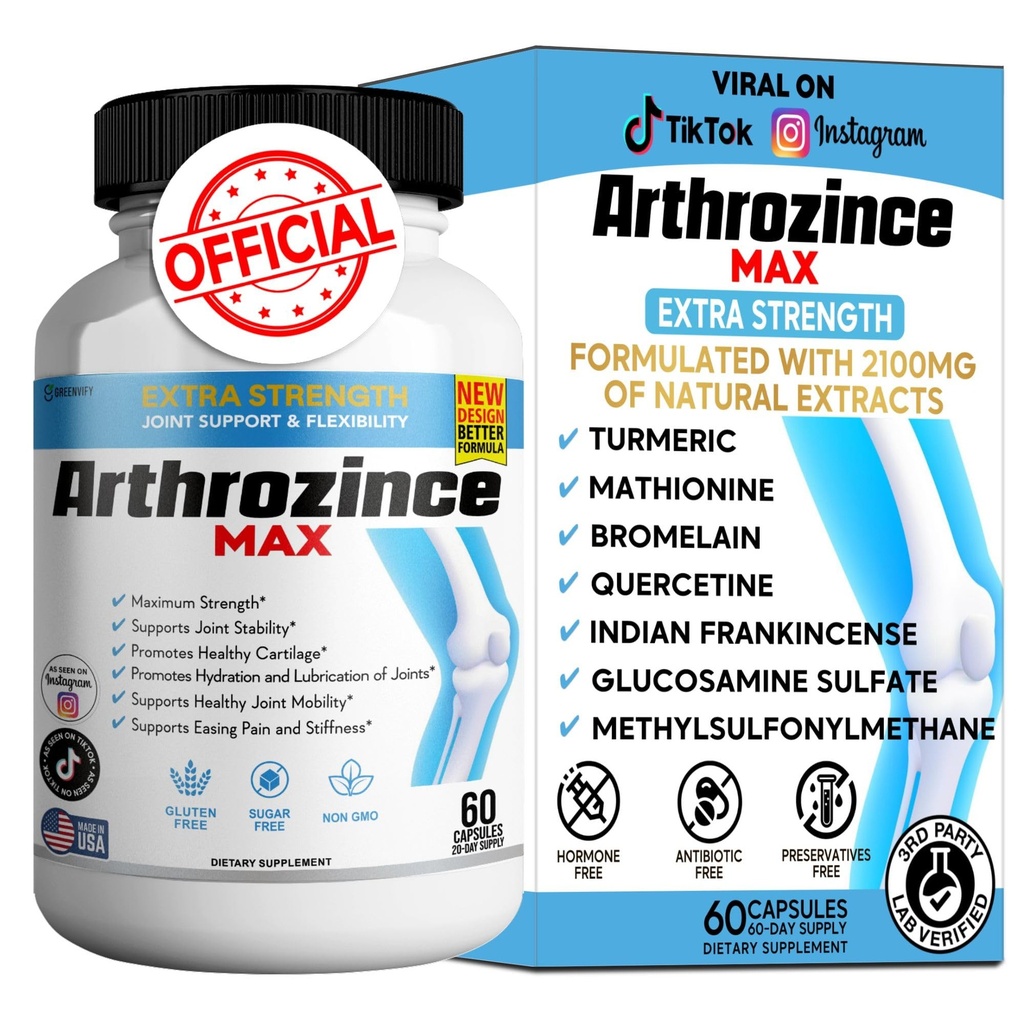 Arthrozince Max Extra Strength Joint Support – Glucosamine, Chondroitin, MSM, Boswellia, Turmeric – Supports Flexibility, Mobility & Comfort – 60 Capsules (1)