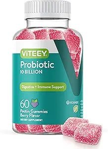 Viteey Probiotic Gummies für Frauen, Männer, & Teens - Maximale Stärke 10 Milliarden Zellen - Probiotika für Verdauungsgesundheit, Immununterstützung - Vegetarisch, Gelatin frei, GMO frei - Kaubare Beere Flavored