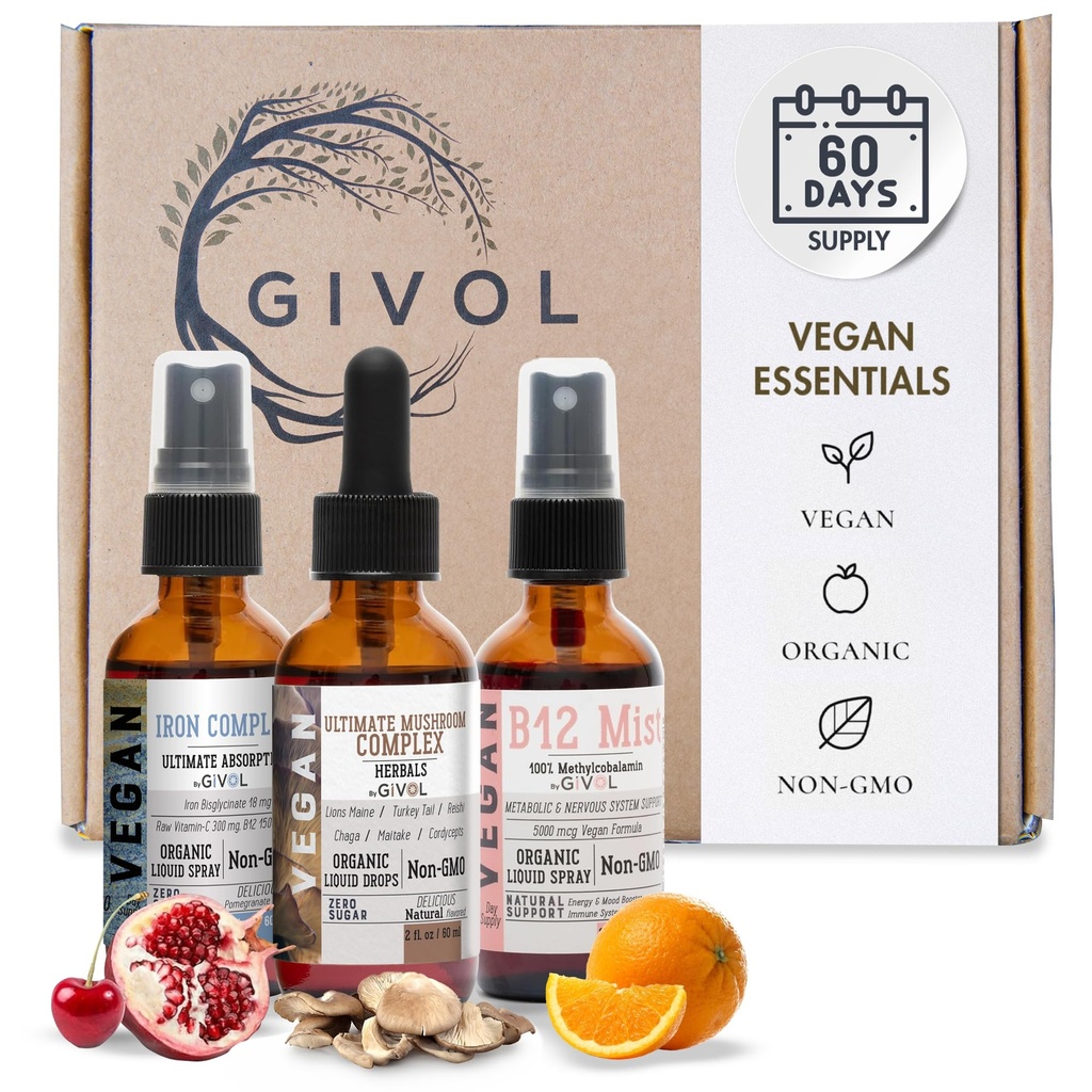 Ultimate Vegan Essential Bundle Liquid Spray- Ultimate Mushroom Complex, Iron Bisglycinate, and Vitamin B12 Methylcobalamin, All Natural, Non-GMO, Gluten Free, Sugar Free 2 Fl Oz 360 Days Supply