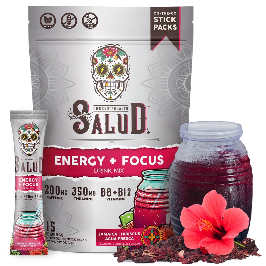 Salud 2-in-1 Energy Drink Powder + Focus, Hibiscus, Organic Caffeine, B6 + B12, Theanine, Clean Energy Drink Packets, Jamaica Agua Fresca Mix, Non-GMO, Gluten Free, Vegan, 1g of Sugar, (15 Servings)