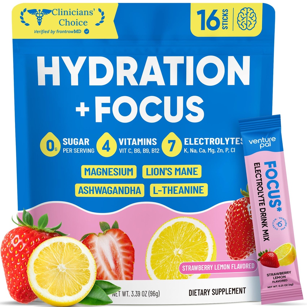 Venture Pal 2-in-1 Hydration Packets + Focus Support Electrolytes Powder, 7 Electrolytes + Vitamins, Magnesium, Lion's Mane & L-Theanine | Sugar Free Liquid Daily IV Drink Mix, Vegan, Keto, 16 Sticks