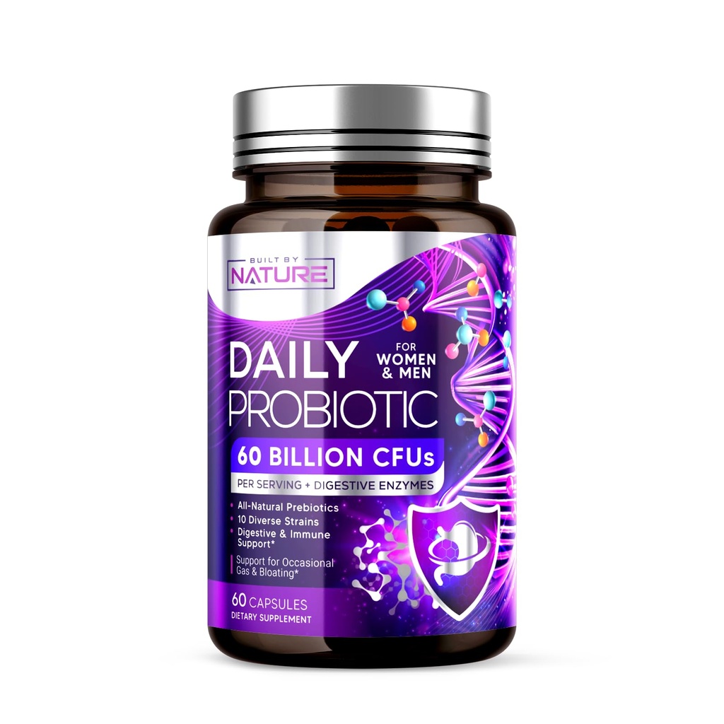Erbaut von Nature Probiotic for Women & Men – 60 Billion CFU, 10 Strains + Prebiotics & Digestive Enzyme – Unterstützt Verdauungs-, Immun-, Reduzieren Gas & Bloating – Shelf Stable, Non-GMO - 60 Kapseln
