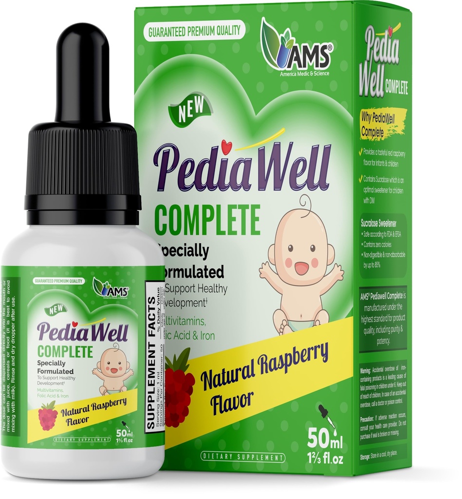 America Medic & Science PediaWell Complete (50mlL) | Liquid Multivitamin for Kids | Iron Supplement with Vitamins A and C for Babies and Toddlers | Vitamin Drops for Enhanced Growth and Development