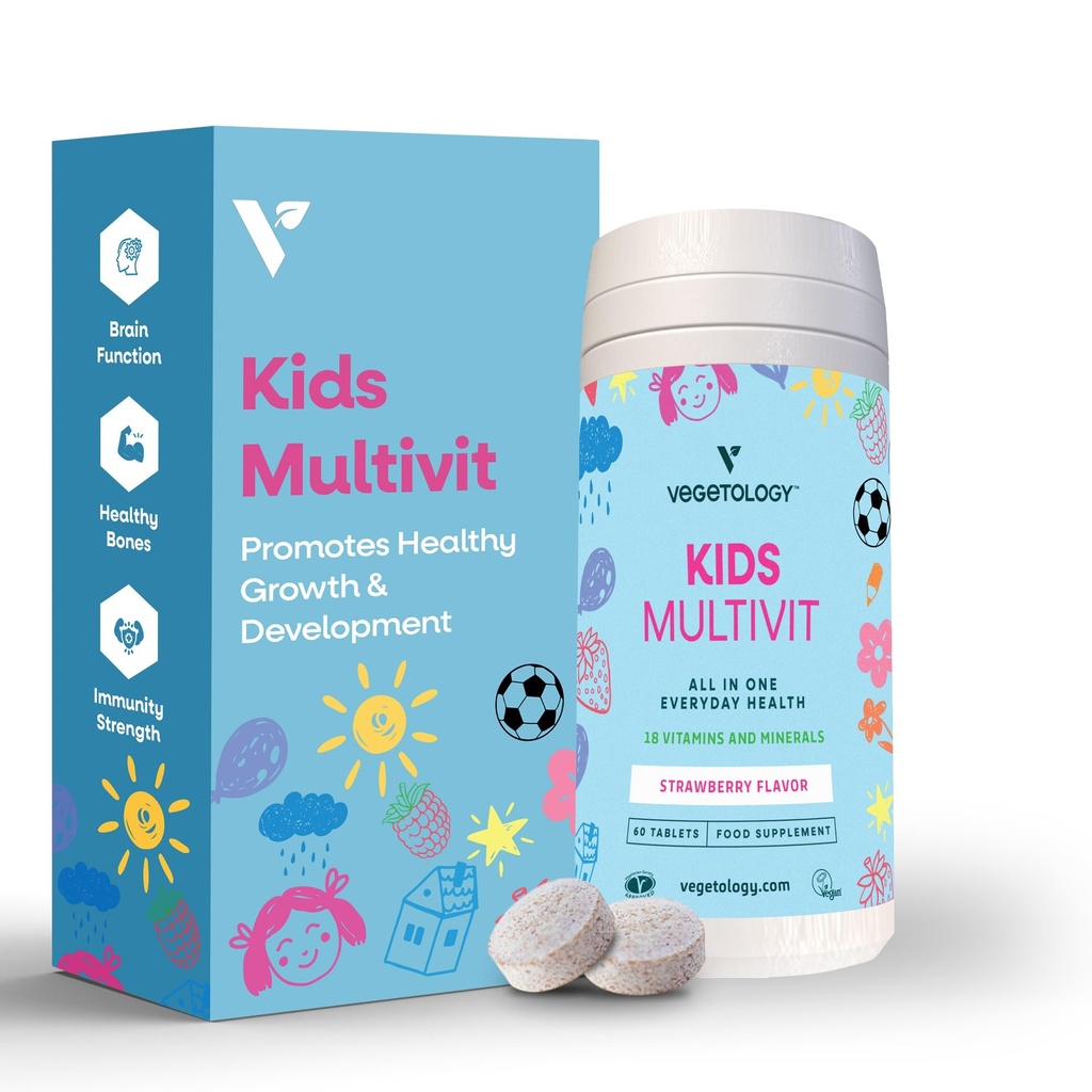 VEGETOLOGY Kids MultiVitamin Supplement, Vegan Chewable Multivitamin for Immune Support, Energy, & Growth, 18 Essential Vitamins & Minerals, Ages 4+ - 60 Tablets, Strawberry
