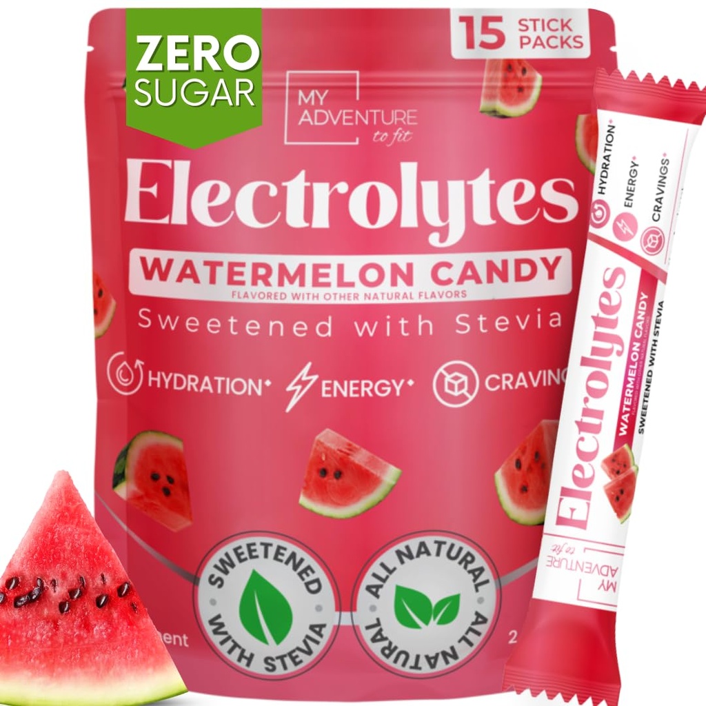Zero Sugar Watermelon Candy Electrolytes Powder Packets (15 Pack) - All Natural Ingredients, Caffeine Free Energy for Refreshing Hydration - Vegan, Keto, Paleo Sugar Free Electrolytes Powder No Sugar