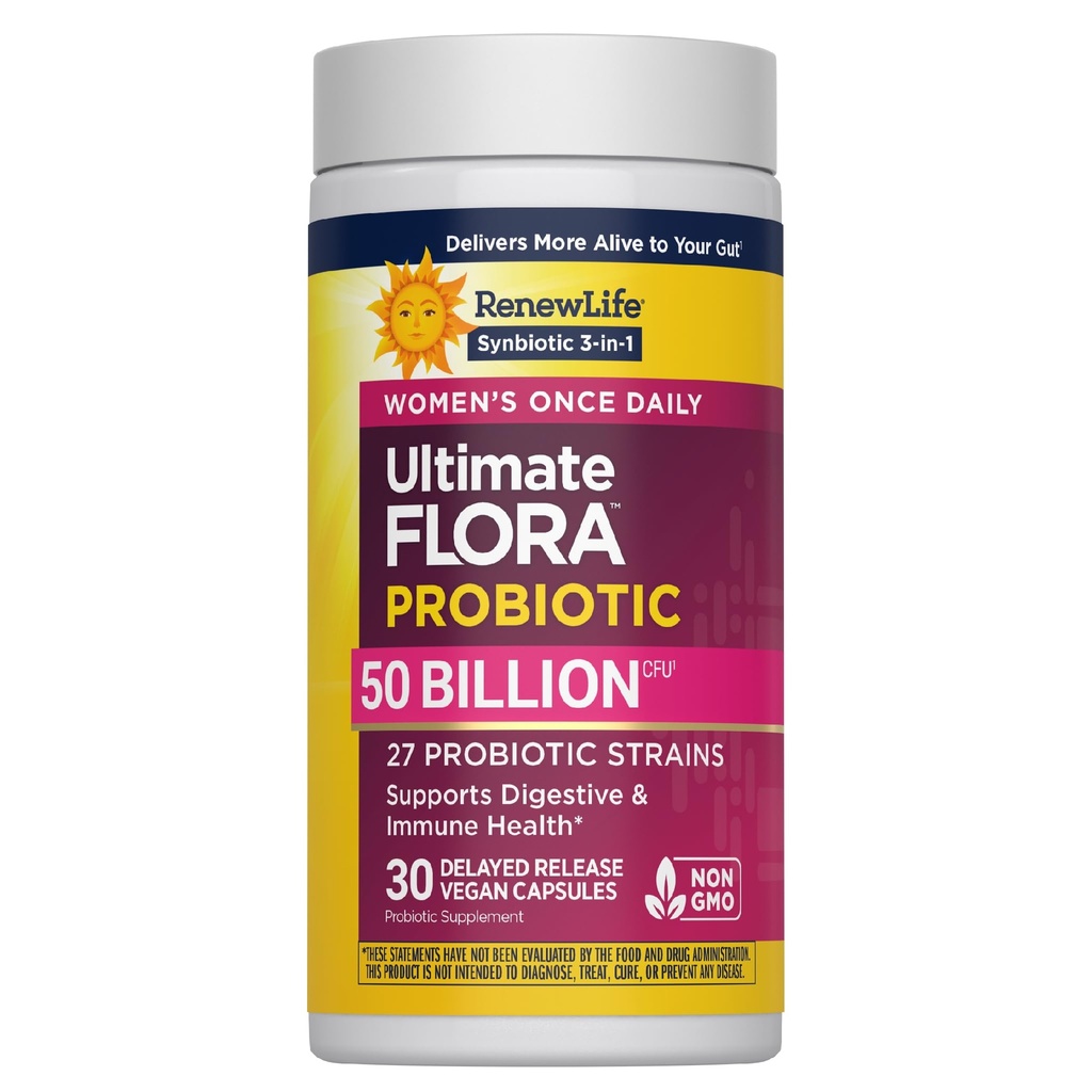 Renew Life Ultimate Flora Probiotic for Women with Prebiotics | 30 Delayed Release Vegan Capsules | 27 Strains | Digestive & Immune Health | Free of Gluten, Dairy and Soy