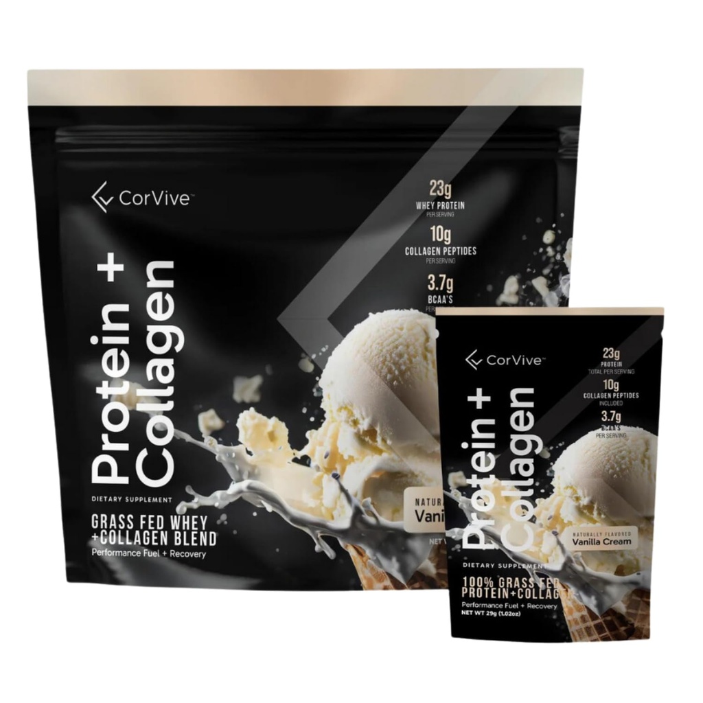 CorVive Protein + Collagen Powder | 23g Protein (Grass-Fed Whey + Collagen) | 3.7g BCAAs | Supports Muscle & Joint Health | Gluten & Soy Free | No Artificial Ingredients | 15 Sachets - Vanilla