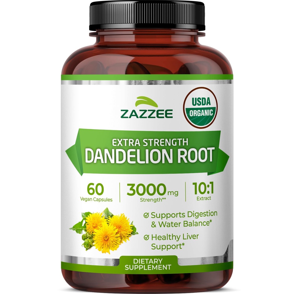Zazzee USDA Organic Dandelion Root 10:1 Extract, 60 Capsules, 2 Month Supply, Liver & Detox Support, Taraxacum Officinale, Organic Herbal Supplement, All-Natural, Non-GMO, Made in the USA