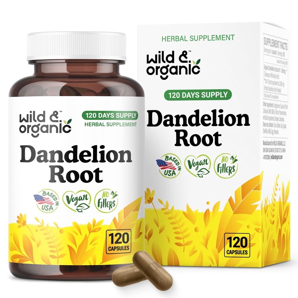 Wild & Organic Dandelion Root Capsules - Liver Detox & Cleanse Support - Fresh Dandelion Root Powder per Capsule - 120 Vegan Capsules - 4 Month Supply - No Fillers, Non-GMO
