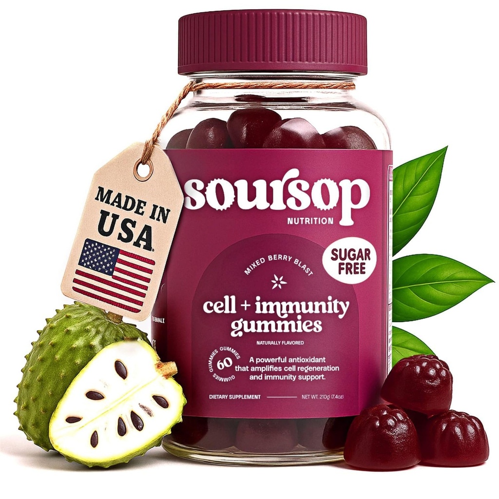 Soursop Graviola Gummies - Sugar Free Soursop Gummies with Vitamin C, Zinc - Digestive Aid, Immune Support & Antioxidants - Made from Soursop Leaves - Sour SOP Supplement for Adults - (Berry 1-Pack)