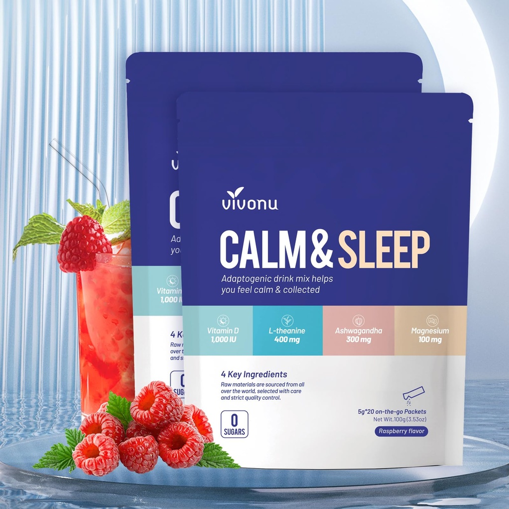 VivoNu Calm & Schlaf Pulver Getränke Mix Raspberry L Theanine Ksm-66 Ashwagandha Magnesium Glycinate Vitamin D 3 Nahrungsergänzungsmittel für Entspannung & Fokus Kein Zucker GMO