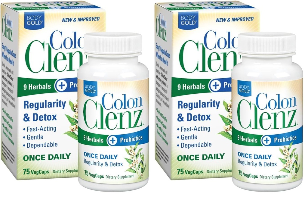 Body Gold Colon Clenz Regularity & Detox Formula | Once Daily Support with 9 Herbs + Active Probiotics | 75 CT (Pack of 2)