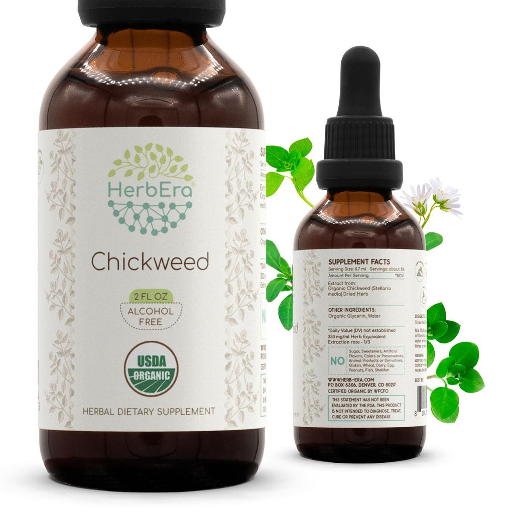 Chickweed B60 USDA Organic Tincture | Alkoholfreier Extrakt, hochkarätige Kräutertropfen | Certified Organic Chickweed (Stellaria Media) Getrocknete Kräuter (2 oz)