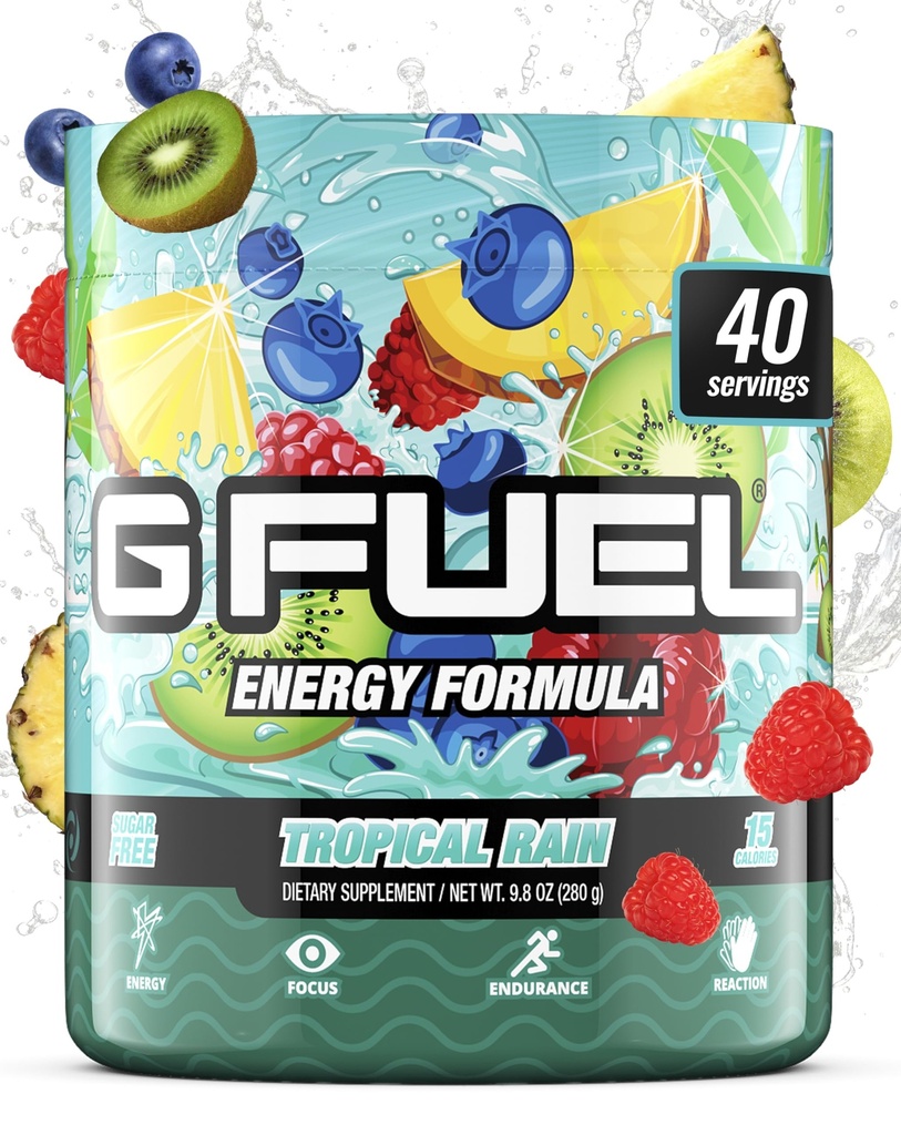 G Fuel Tropical Rain Energy Drink Powder, Pre Workout Caffeine Mix for Gaming, Sugar Free Focus Amino, Vitamin + Antioxidantien, 9.8oz (Fruit Medley, 40 Servietten)