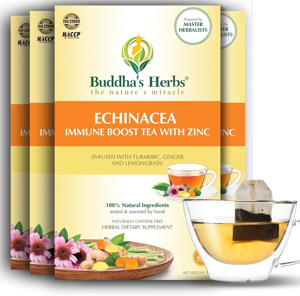 Premium Echinacea Tee mit Zink (Pack mit 4, 88 Teebeuteln) - Entkoffeinierter gesünder Tee für Immune Gesundheit - Bio Kräutertee Taschen w/Natural Zutaten - Ideale Tee Geschenke für Tee Liebhaber