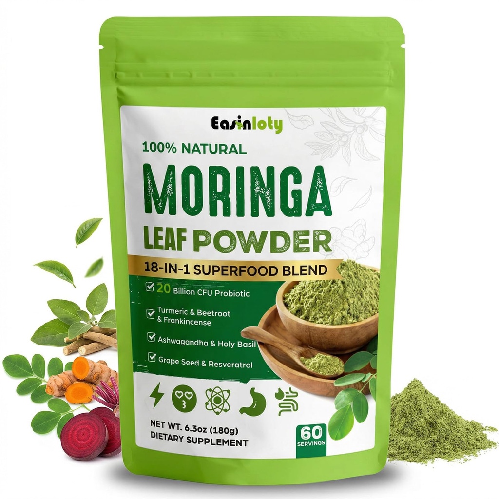 Moringa Powder Organic 2000mg with Ashwagandha, Turmeric & 20B CFU Probiotics, 18-in-1 Green Superfood for Energy, Relaxation & Gut Health – Moringa Leaf, Holy Basil, Beetroot, Spirulina - 60 Servings
