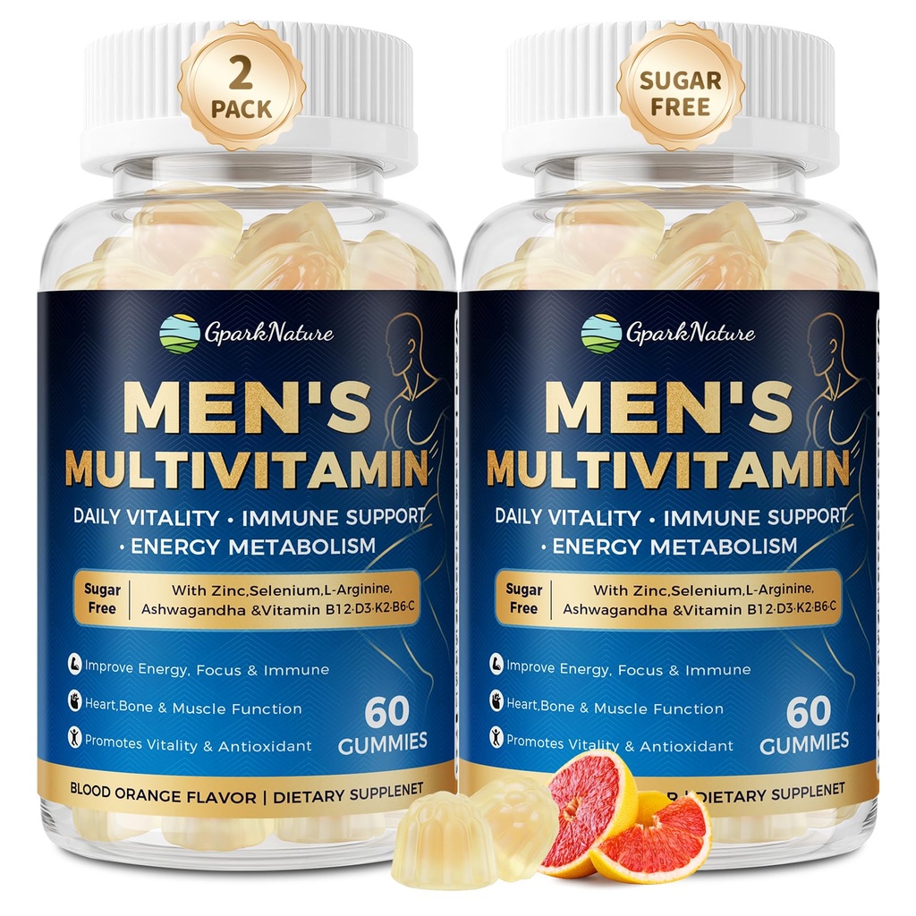 Mens Multivitamins Gummies, Ashwagandha, L-Arginine, Biotin, Zinc, Vitamins D3 C B3 B6 B12 E K2, Multivitamin for Men - Energy, Heart, Brain, Muscle, Immune, Vitality, Sugar Free, 120 Count-2 Pack