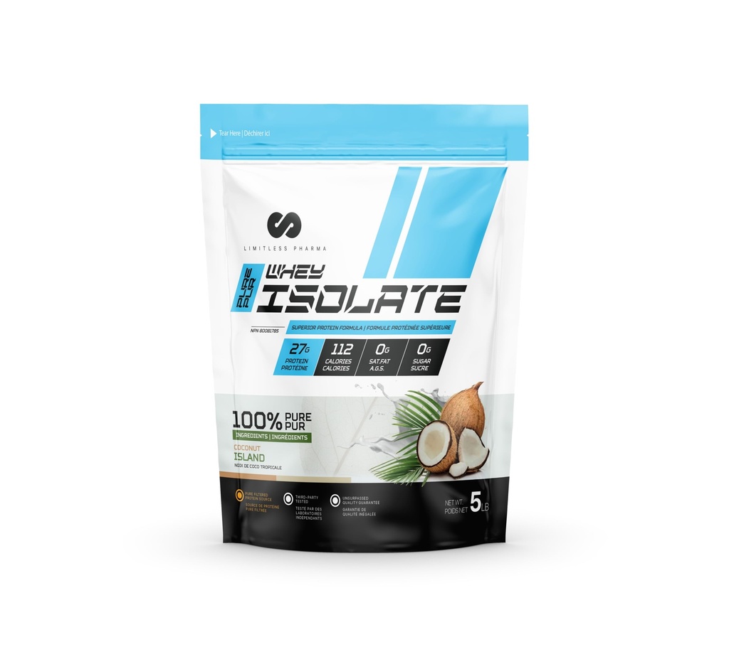 Limitless Pharma Pure Whey Isolate | High Protein Whey Isolate Protein Powder | 27g Protein, 6g BCAAs, Sugar Free, Gluten Free, Low Carb, Low Lactose | 74 Servings, 5LB (Coconut Island)