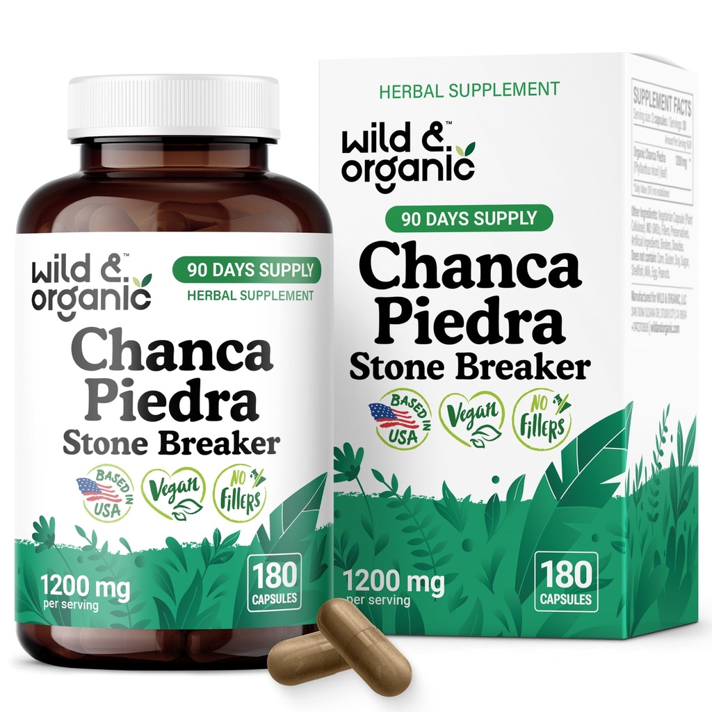 Wild & Organic Chanca Piedra Stone Breaker Capsules 1200 mg - Natural Kidney Herbal Supplements with Chanca Piedra Powder - Vegan, No Fillers, Non-GMO - 180 Count