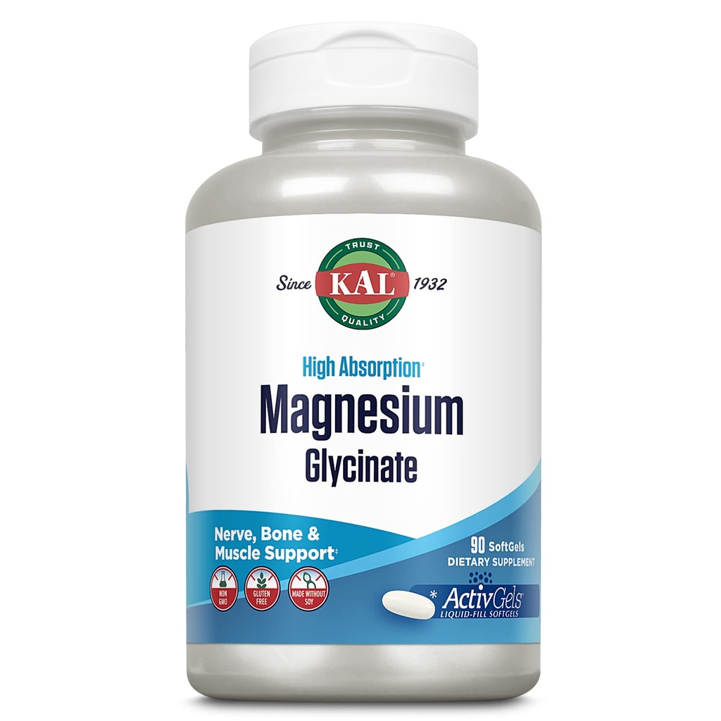 KAL Magnesium Glycinate ActivGels 315mg, Hohe Absorption Magnesium Ergänzung für Muskel, Nerve & Knochen Gesundheit Unterstützung, Non-GMO, Glutenfrei, 30 Servierungen, 90 Softgels