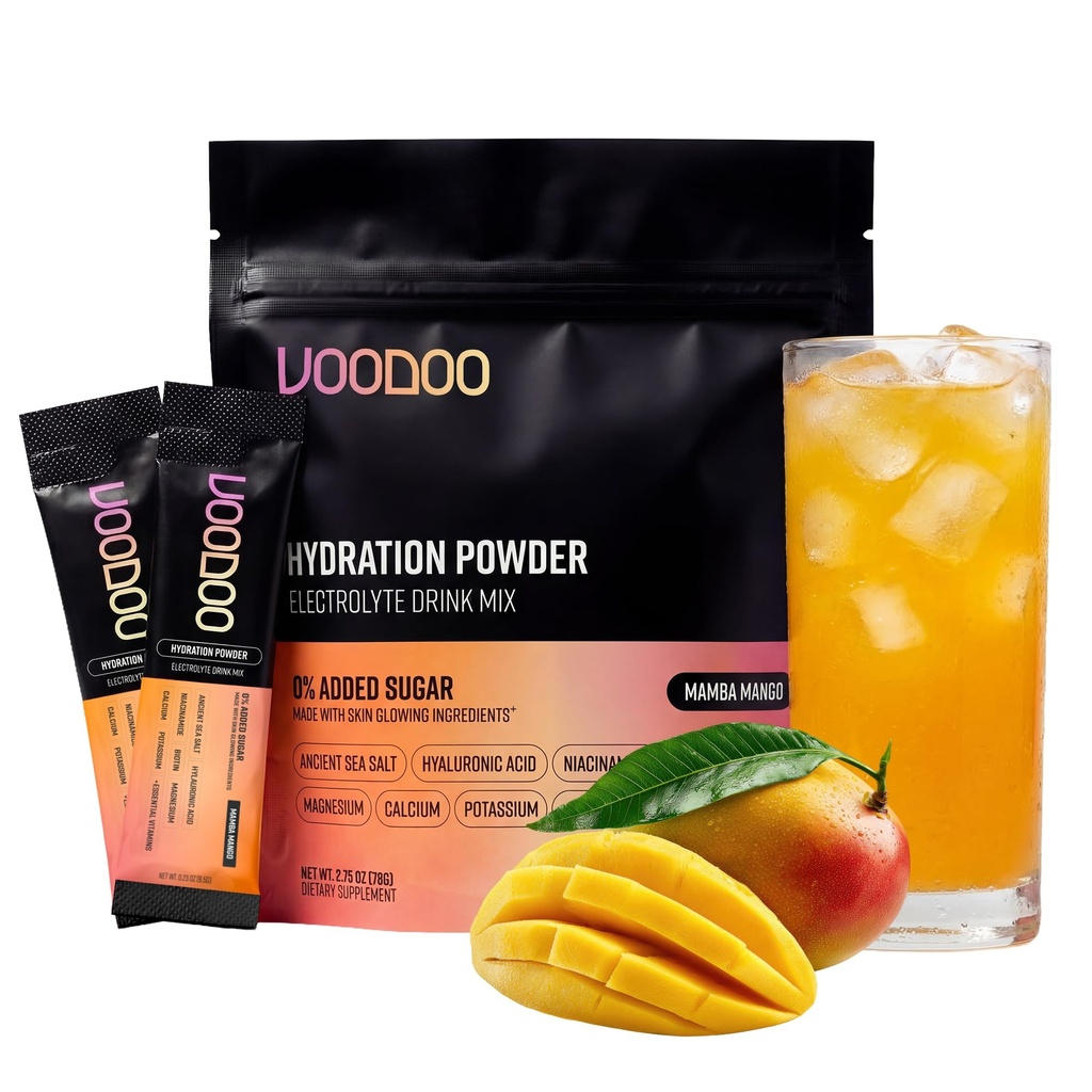 Voodoo Hydration Powder – Sugar Free Electrolyte Drink Mix with Magnesium, Vitamin C, B12, Biotin & Hyaluronic Acid – Physician Formulated Daily Hydration (Mamba Mango)