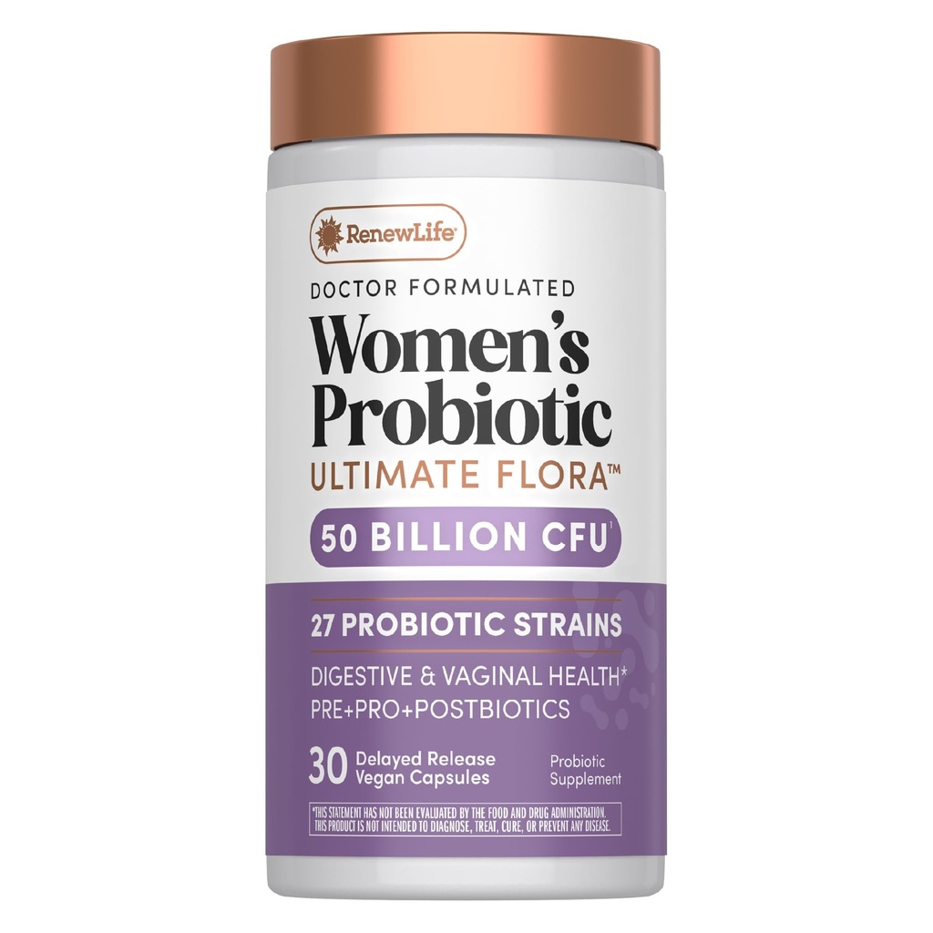 Renew Life Ultimate Flora Probiotics for Women | 50 Billion CFU | 30 Delayed Release Vegan Capsules | Digestive & Vaginal Health | Dairy, Soy and Gluten Free Supplement