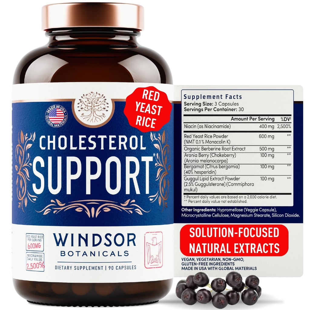 WINDSOR BOTANICALS Cholesterol Supplements - Citrus Bergamot, Niacin, Red Yeast Rice, Berberine, Aronia Berry Extract to Support Normal HDL and LDL Cholesterol Levels - 90 Vegan, Non-GMO Capsules