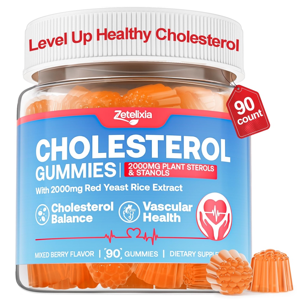 Cholesterol Lowering Supplements Gummies, Cholesterol Gummies with Plant Sterols & Stanols, Red Yeast Rice, Lower Cholesterol Naturally – Vegan, Non-GMO, Mixed Berry Flavor, 90Ct