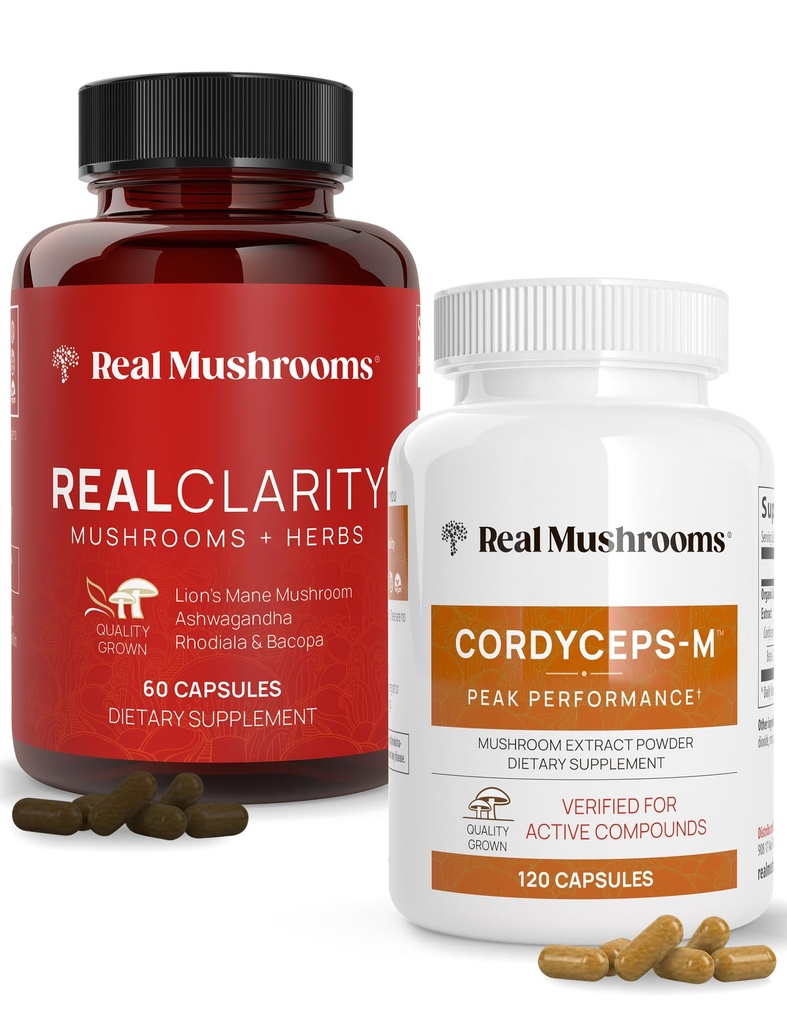 Reale Pilze RealClarity (60ct) und Cordyceps (120ct) Kapseln Bundle - Pilzergänzung für Psychische Klarheit, Fokus, Energie & Vitalität - Vegan, Non-GMO, Verifizierte Ebenen von Beta-Glucans