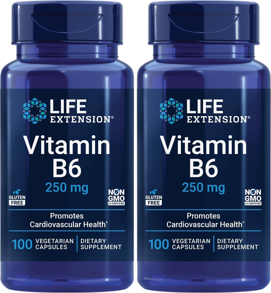 Life Extension Vitamin B6, 250 mg, high Potency, Cardiovascular, neurological Health, Eye Health, Healthy Kidney Function, Gluten-Free, Non-GMO, Vegetarian, 100 Capsules, (Pack of 2)