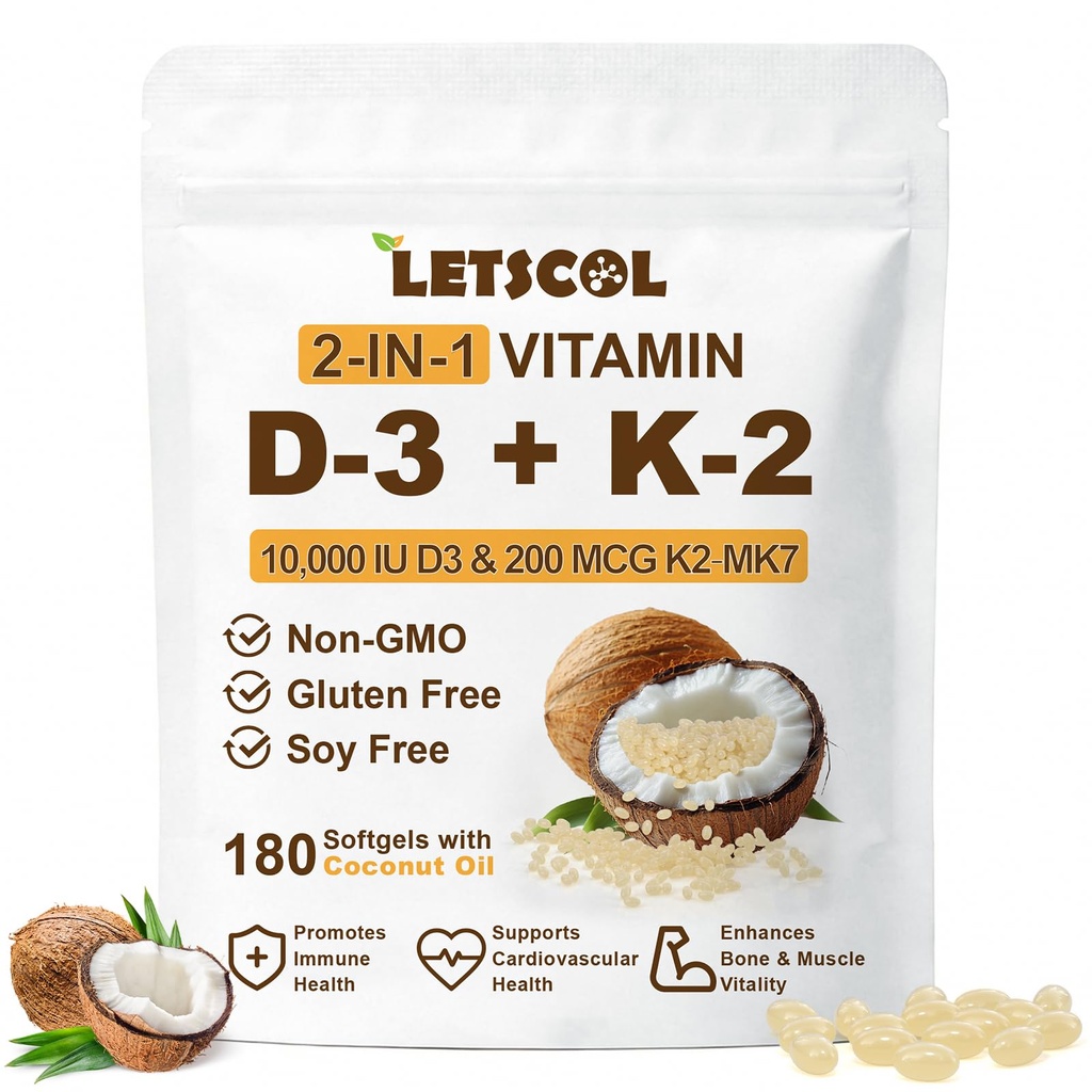 2-in-1 Vitamin D3 K2 Supplement Softgel, Vitamin D3 10000 IU und Vitamin K2 200 mcg, K2 MK7 mit D3 Vitamin Supplement Unterstützung Immun, Herz, Gelenk, Zähne & Knochen Gesundheit