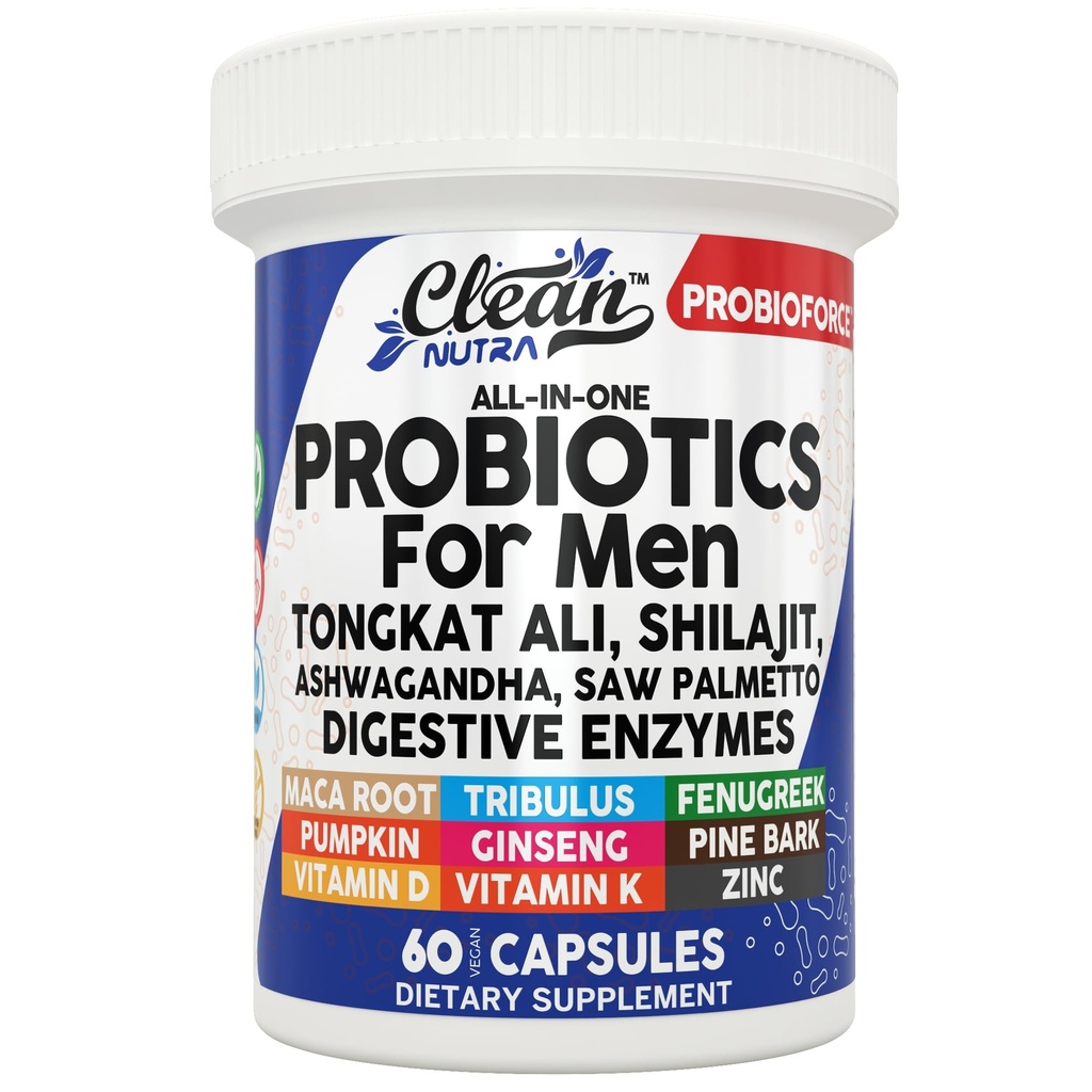Clean Nutra Probiotics for Men | Tongkat Ali, Saw Palmetto, Tribulus, Ginseng, Ashwagandha, Maca, Pumpkin, Gingko Biloba, Pine Bark, Fenugreek, Shilajit, Zinc - Mens Probiotic 60 Capsules
