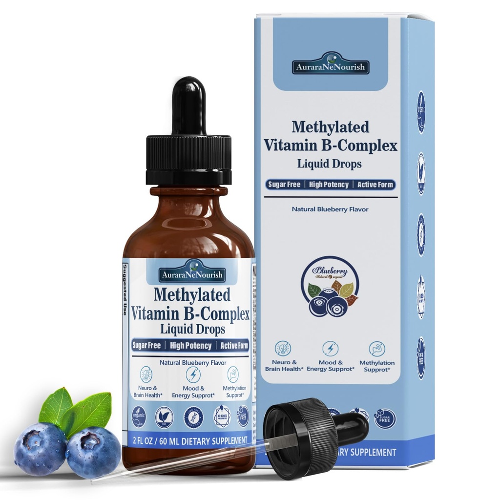 Methylated B Complex Liquid Drops, Complete Methyl B Complex Multivitamin w. 5-MTHF MethylFolate Inositol & Choline, Super B-Complex Methylated for MTHFR Support, Energy Mood Nerve & Brain Health