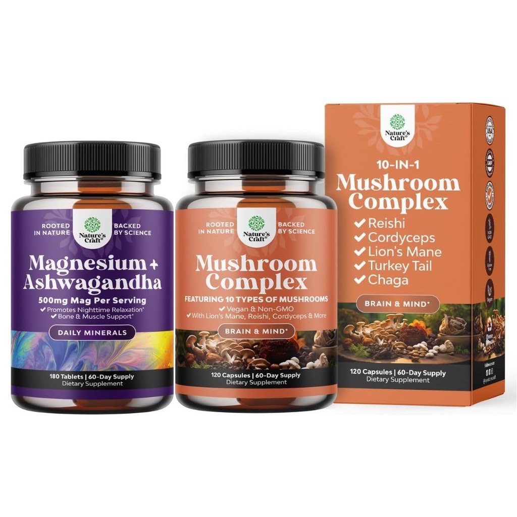 Bundle of Pure Calm Relaxing Magnesium Glycinate Supplement with Ashwagandha for Stress Support and Advanced Mushroom Complex Capsules - 10X Lions Mane Supplement - Nootropic for Mental Clarity