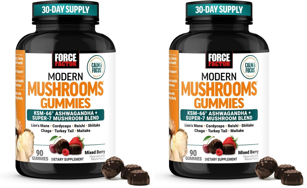 Force Factor Modern Mushrooms Gummies, Fruiting Body Mushroom Blend + KSM-66 Ashwagandha to Support Calm, Focus, Clarity, Stress & Immune Health, Mixed Berry Flavor, 90 Gummies (Pack of 2)