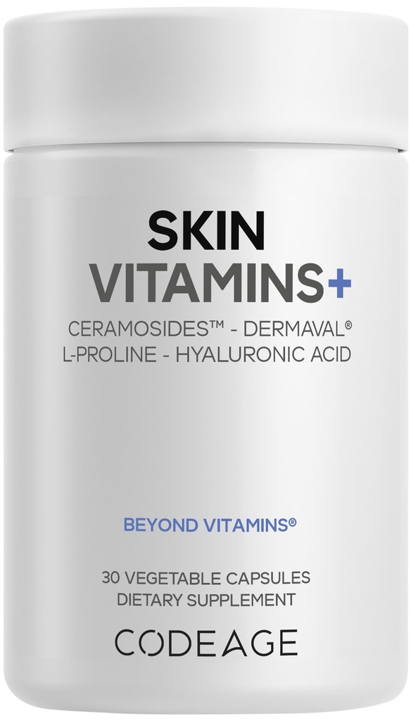 Codeage Skin Vitamins+ Supplement – Ceramosides, Dermaval, Hyaluronic Acid, Coffeeberry, Vitamin C – Skin Elasticity, Wrinkle & Moisture Support – Liposomal Delivery – Non-GMO, 30 Capsules