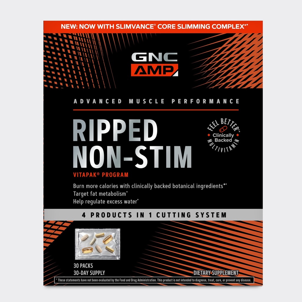 GNC AMP Ripped Non-Stim Vitapak - Clinically Proven Weight Loss Support* - Slimvance 900mg Daily - Stimulant-Free Cutting Program - 1 Month Supply