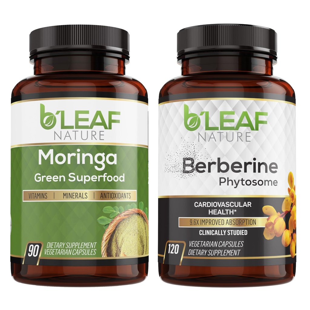 B’Leaf Nature Moringa & Berberine Bundle - Non-GMO, Vegan, Gluten-Free Capsules for Daily Wellness - 1100mg Berberine + 1000mg Moringa - Metabolic and Cardiovascular Support, Energy and Immune Health