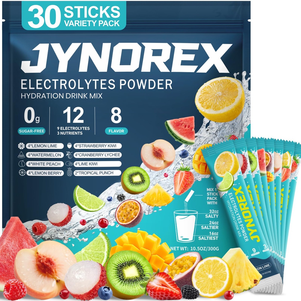 Electrolytes Powder Packets Sugar Free, 30 Sticks High Sodium Hydration Packets, Electrolyte Drink Mix with Lemon Lime Watermelon Peach Berry Kiwi Tropical Punch Lychee Cranberry, 10.5OZ