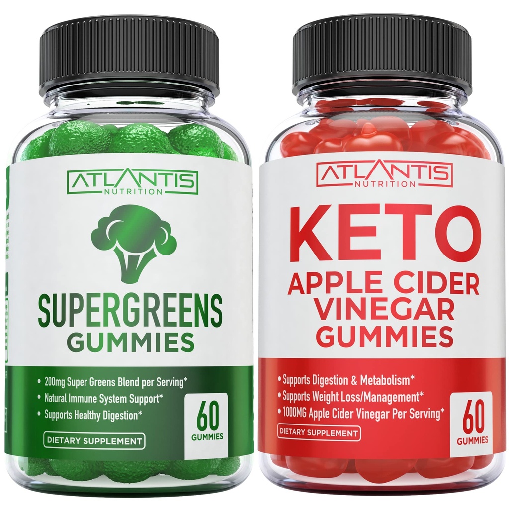 60 Supergreens Gummies Daily Green Superfoods Supplement + 60 Keto Apple Cider Vinegar Gummies Advanced Weight Loss.