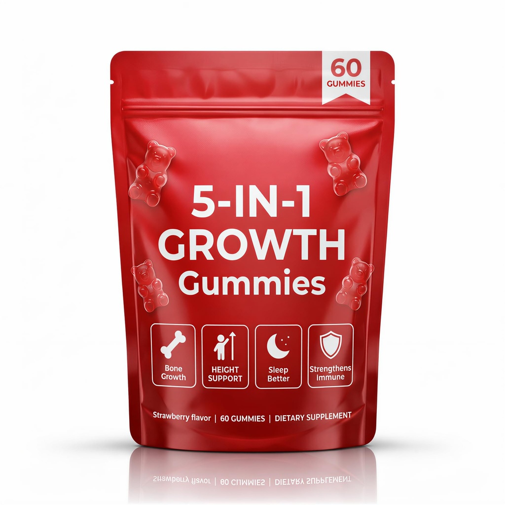 5-in-1 Growth Gummies, Supports Natural Height & Bone Development with Essential Amino Acids & D3, K2, Delicious Strawberry Flavor, 60-Count
