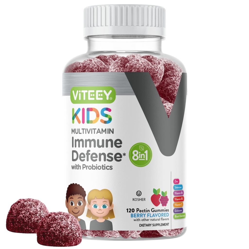 Viteey Kids Multivitamin Gummies with Probiotics - 8-1 Kids Vitamins for Immune Health Support with Vitamin C, D3, B12, B6, Zinc, Elderberry, Selenium - Vegetarian - Chewable Tasty Berry Flavored