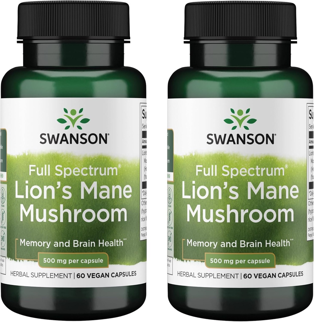 Swanson Full Spectrum Lion's Mane Mushroom - Brain Health Supplement zum Support Memory, Focus & Clarity* - Kann auch Immun-, Herz- & Verdauungs-Gesundheit - Gluten-Free & Non-GMO - 60 Kapseln (2 Packung)